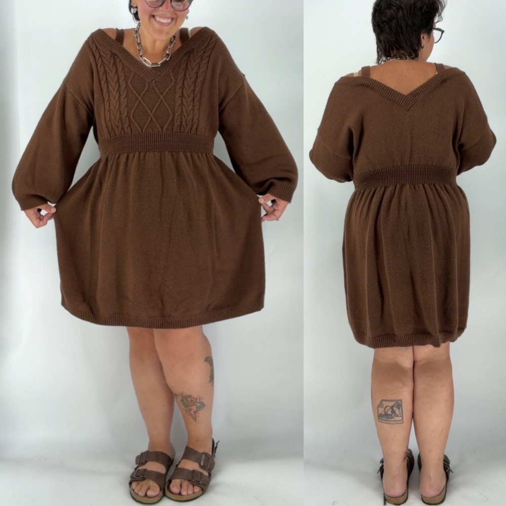 Cable knit dress chocolate brown puff sleeve edwardian ren faire 3X plus size